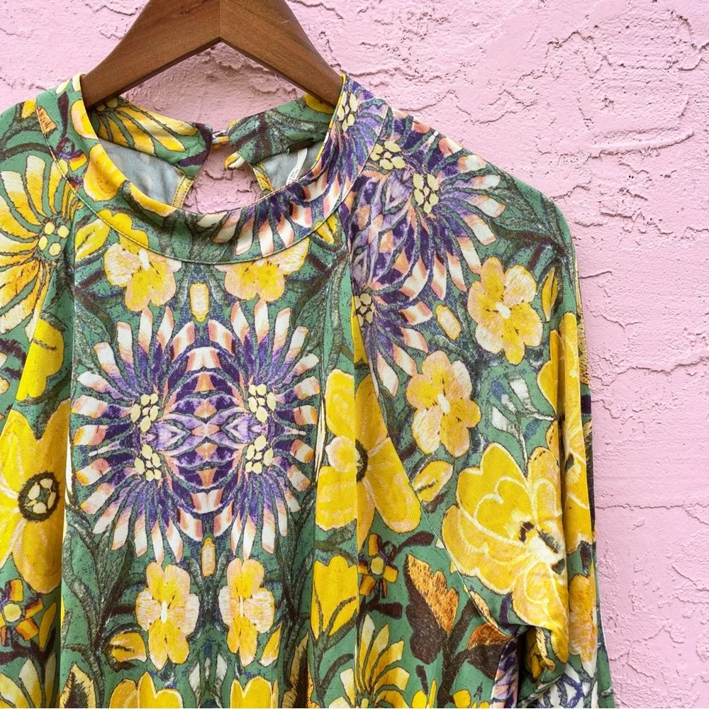 Free People Rayon Tortoise Floral Paisley Baroque Print Swing Dress Womens XL
